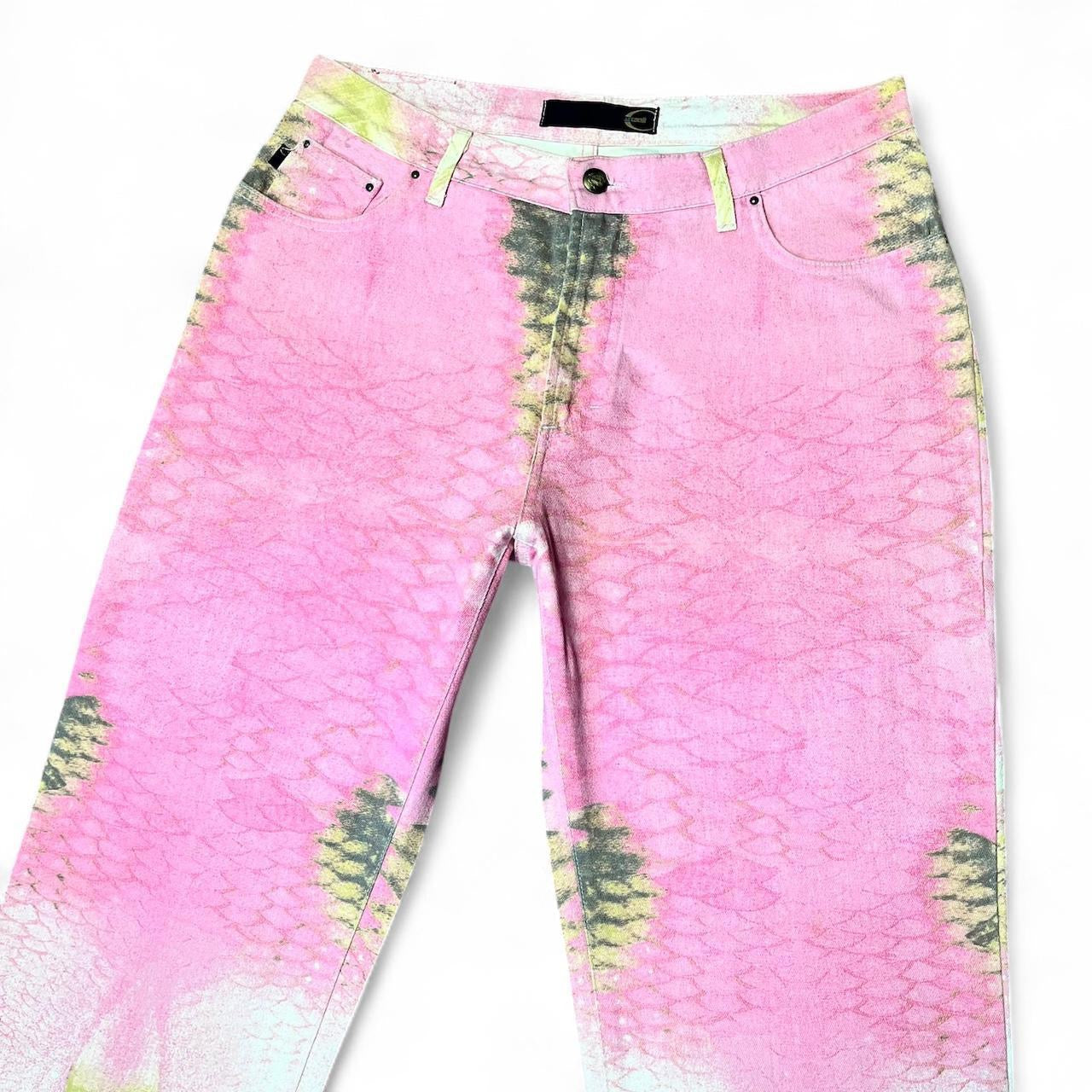 SS2001 Pink mirrored snakeskin jeans
