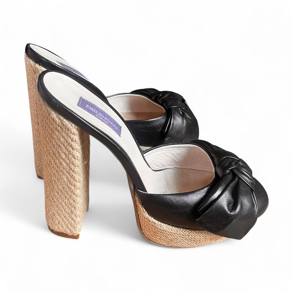 Black leather bow platform espadrille heels (US 8)