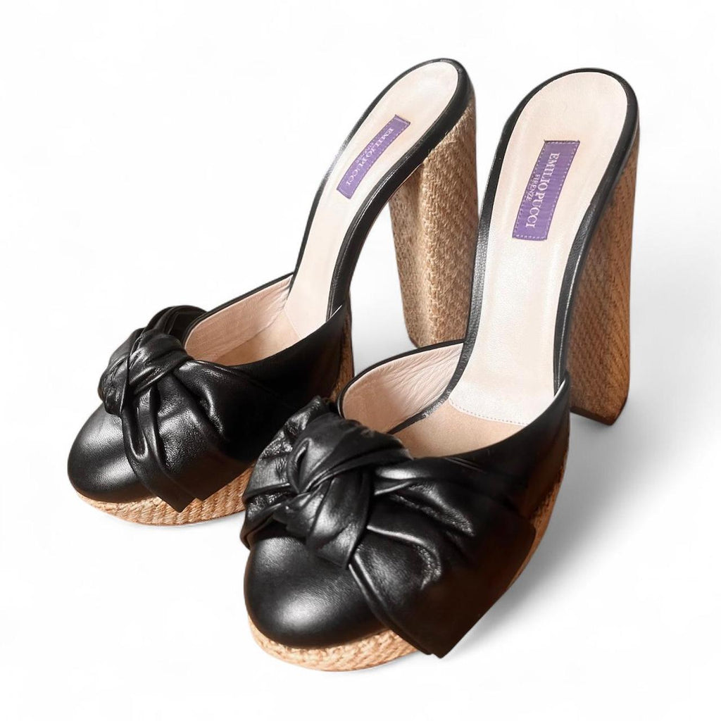 Black leather bow platform espadrille heels (US 8)