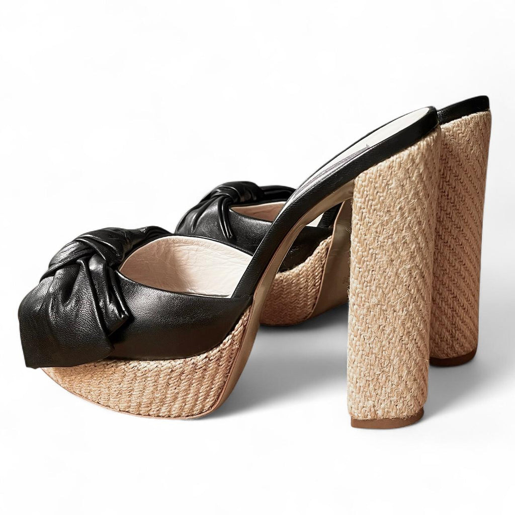 Black leather bow platform espadrille heels (US 8)