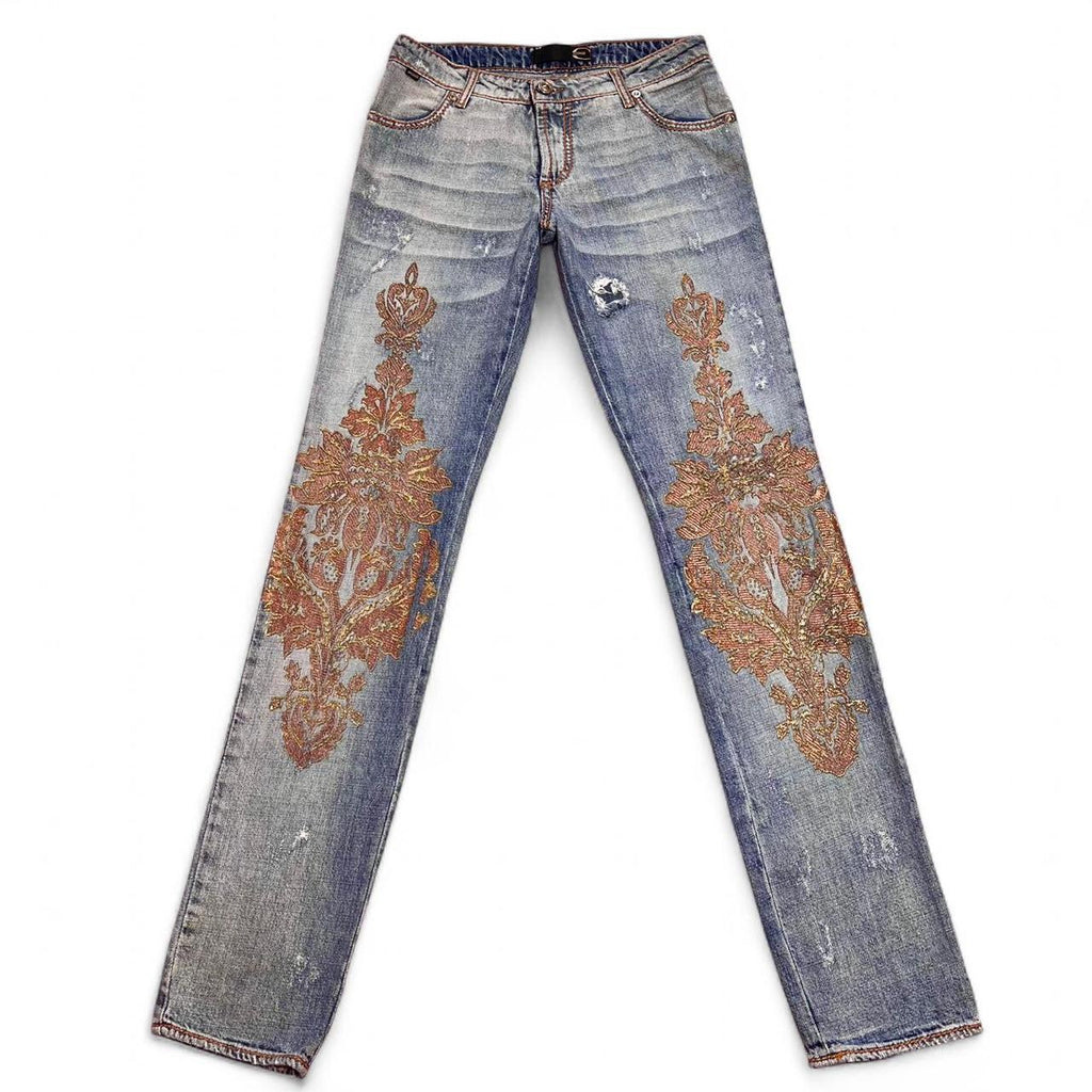 Distressed copper appliqué jeans