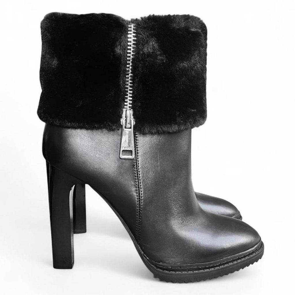 Faux-fur trim moto leather booties (US 8)