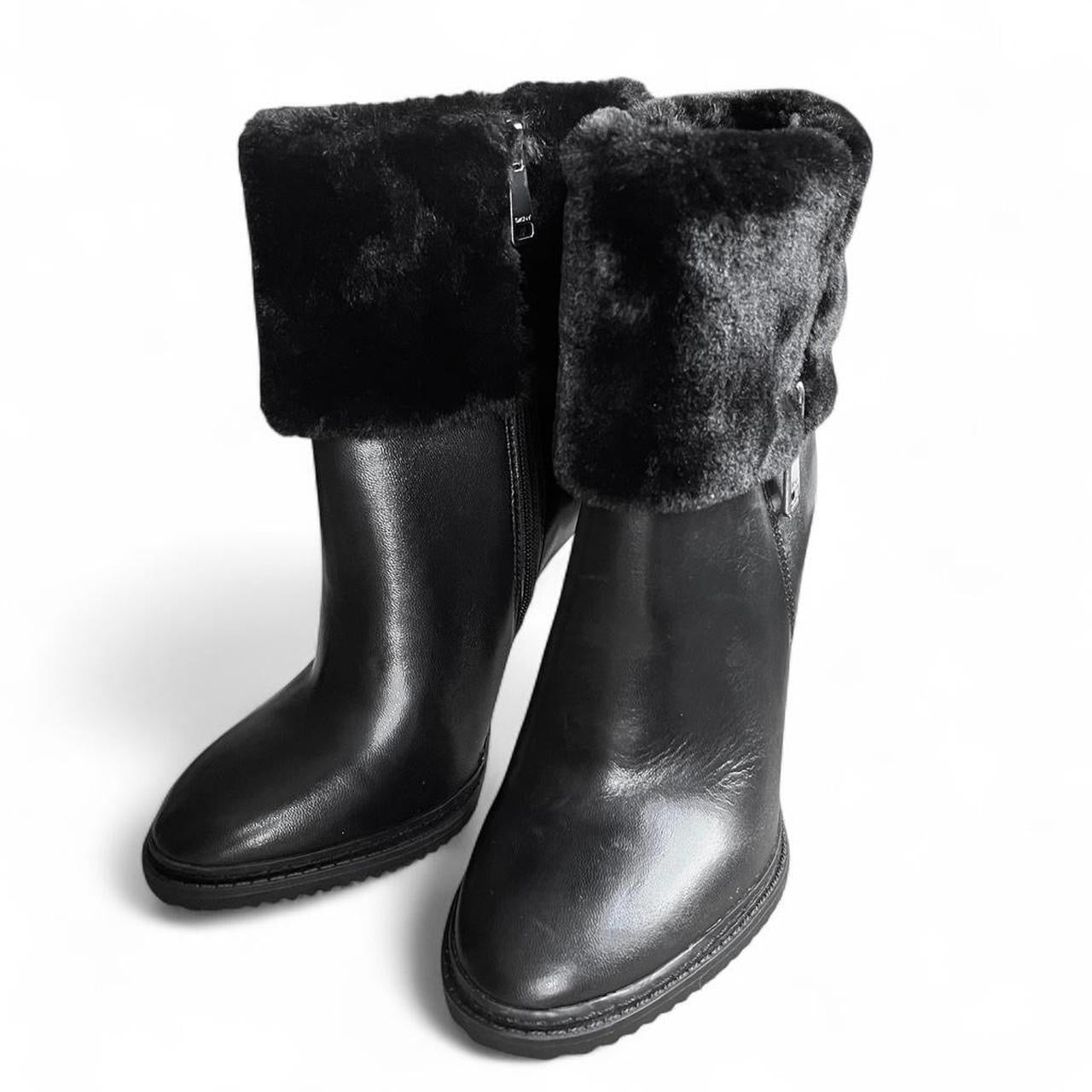 Faux-fur trim moto leather booties (US 8)