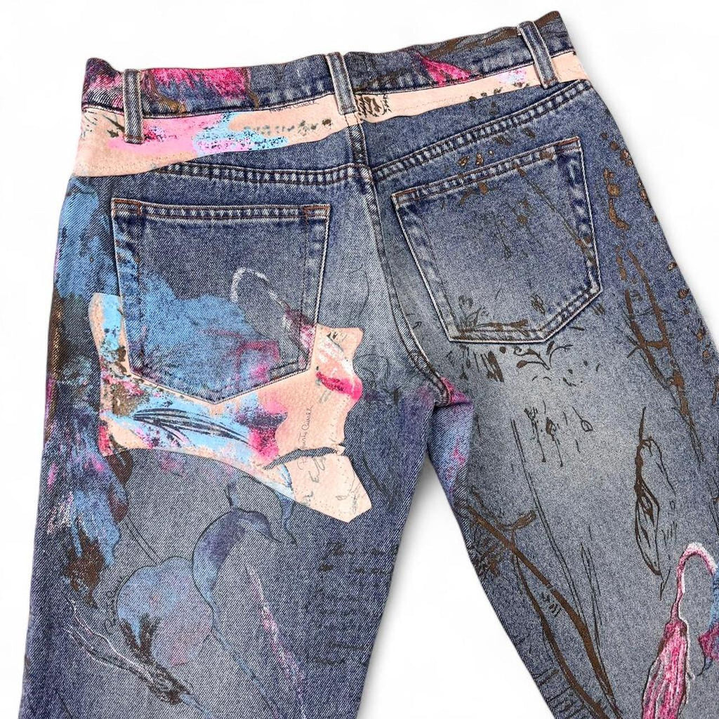Painted floral and suede blue jeans