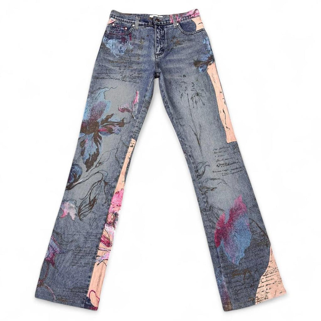 Painted floral and suede blue jeans