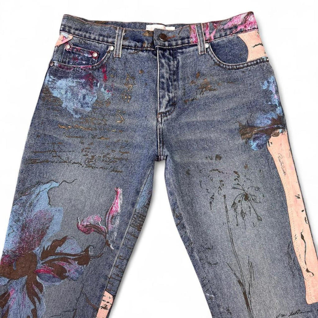 Painted floral and suede blue jeans