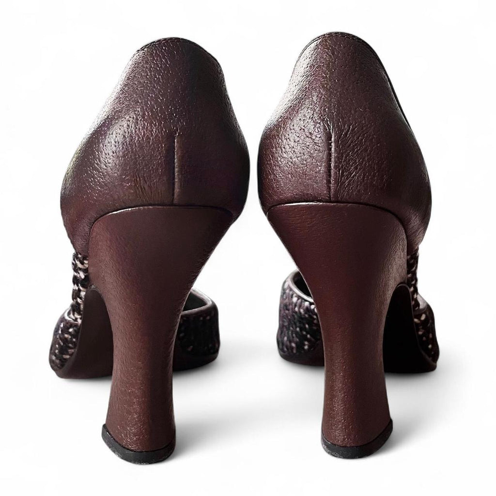 FW2000 Chocolate leather & tweed platform curve heels (US 9)