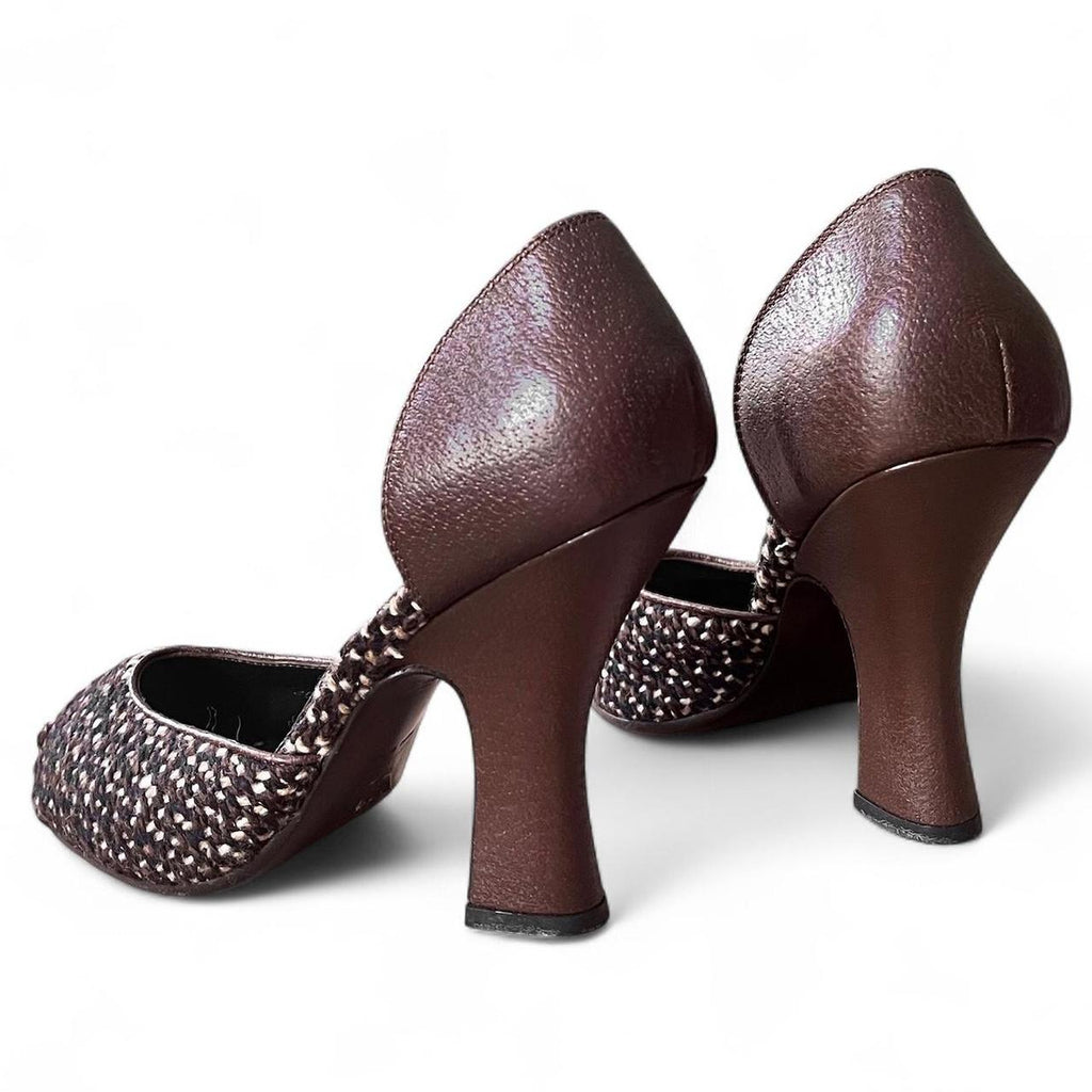 FW2000 Chocolate leather & tweed platform curve heels (US 9)