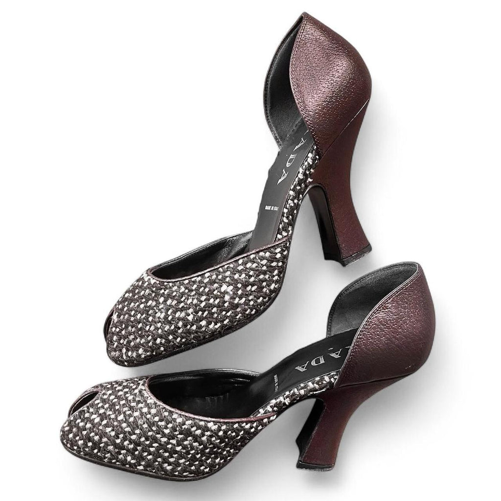 FW2000 Chocolate leather & tweed platform curve heels (US 9)