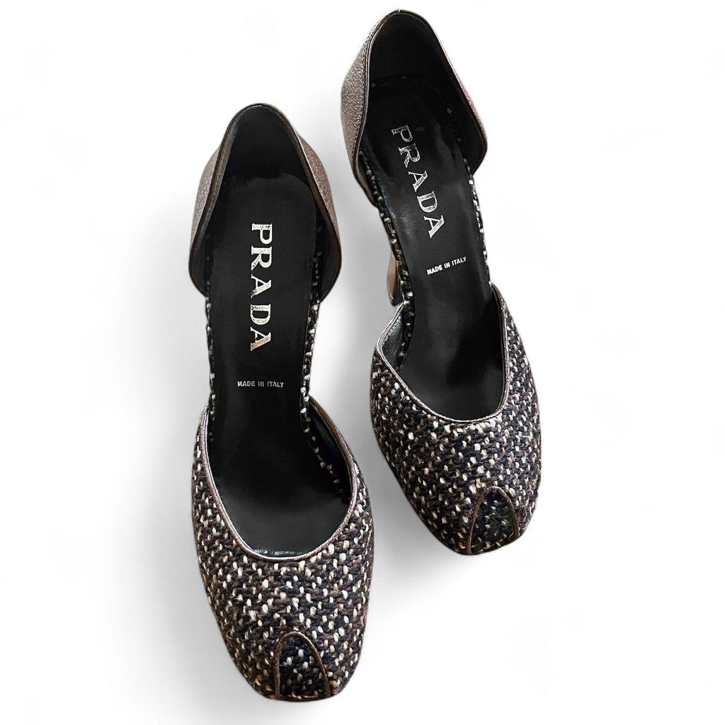 FW2000 Chocolate leather & tweed platform curve heels (US 9)