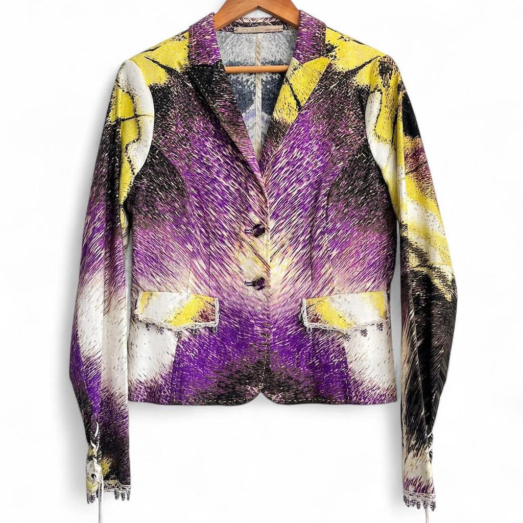 Multicolor butterfly-print beaded blazer