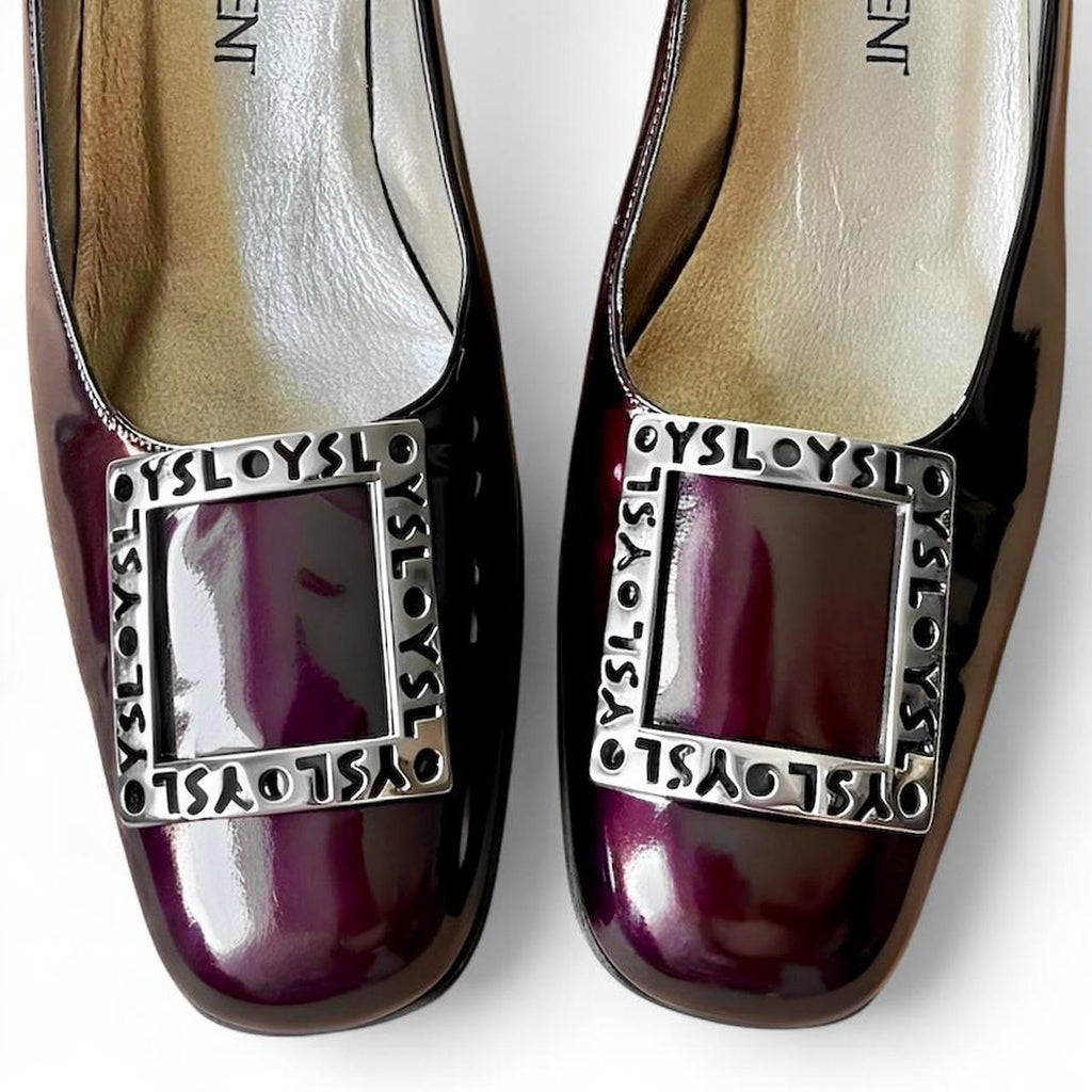 Burgundy patent leather pumps with logo buckle (US 8.5)