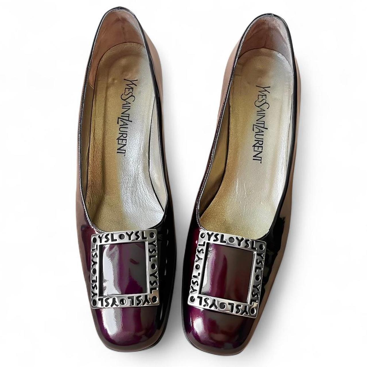 Burgundy patent leather pumps with logo buckle (US 8.5)