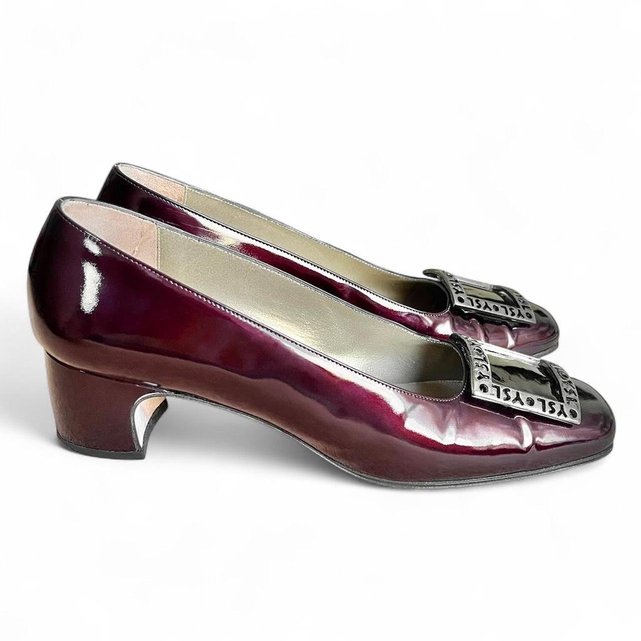 Burgundy patent leather pumps with logo buckle (US 8.5)