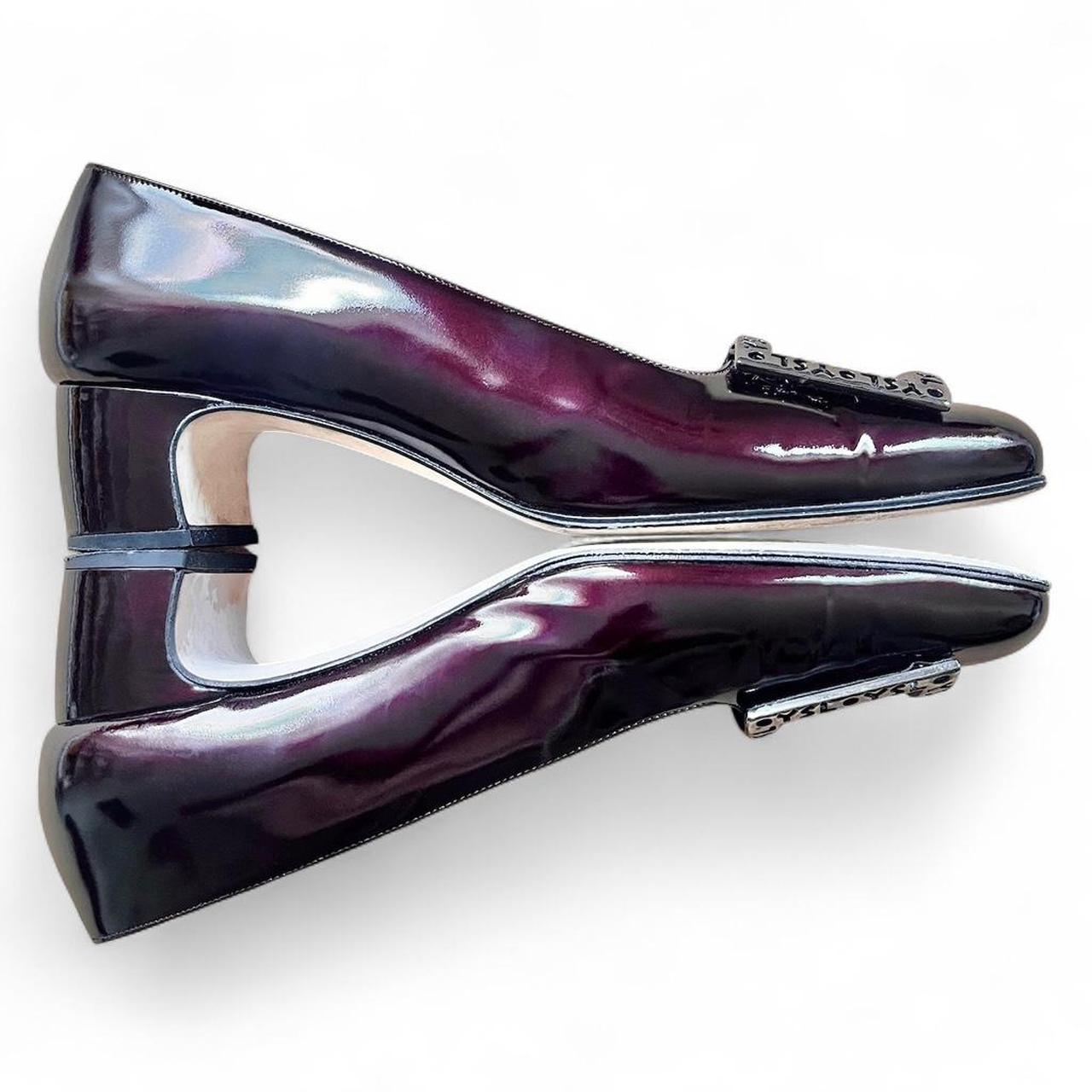 Burgundy patent leather pumps with logo buckle (US 8.5)
