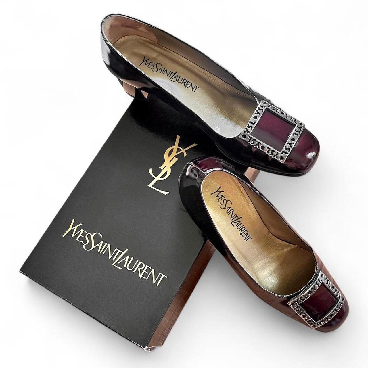 Burgundy patent leather pumps with logo buckle (US 8.5)