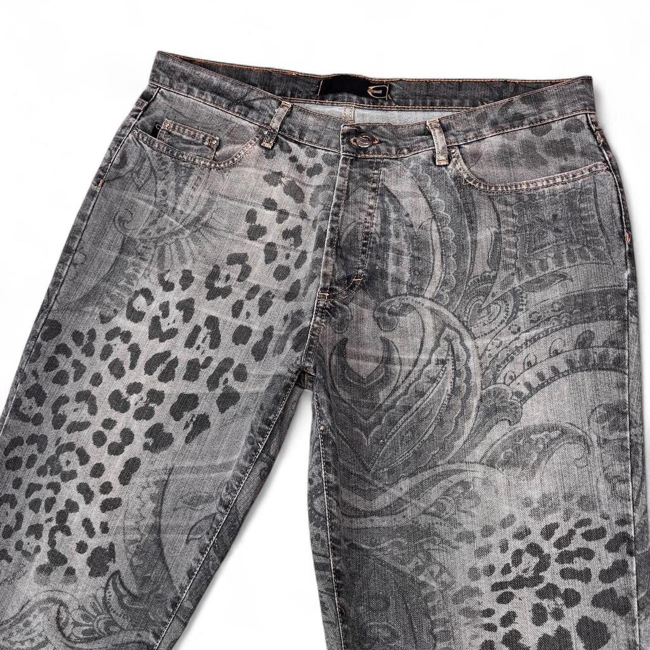 Just Cavalli gray jeans with leopard print pattern on a white background