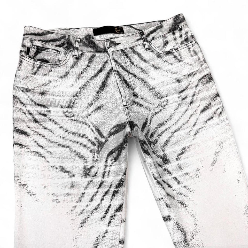 Tiger print jeans on a white background