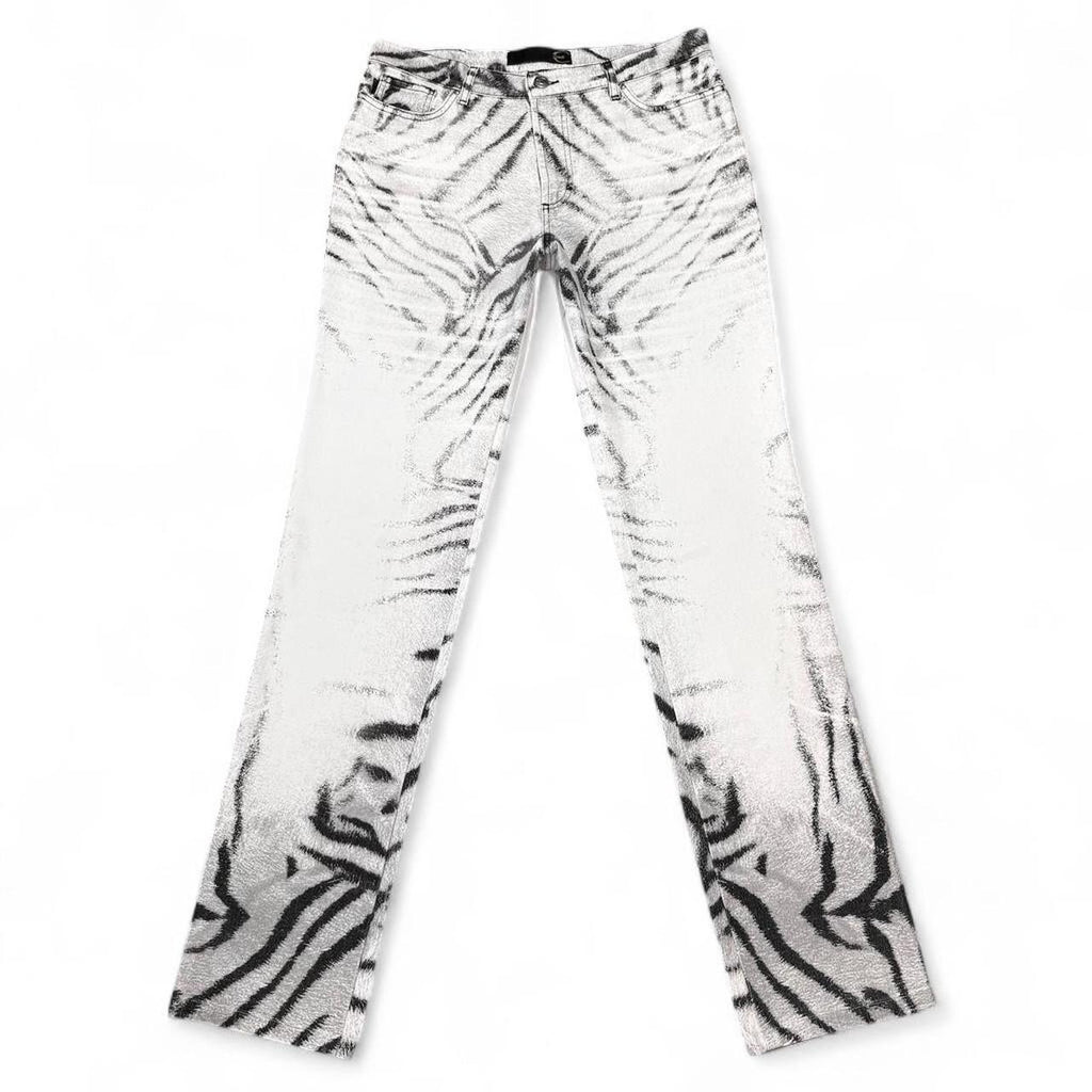 White jeans with black abstract pattern on a white background