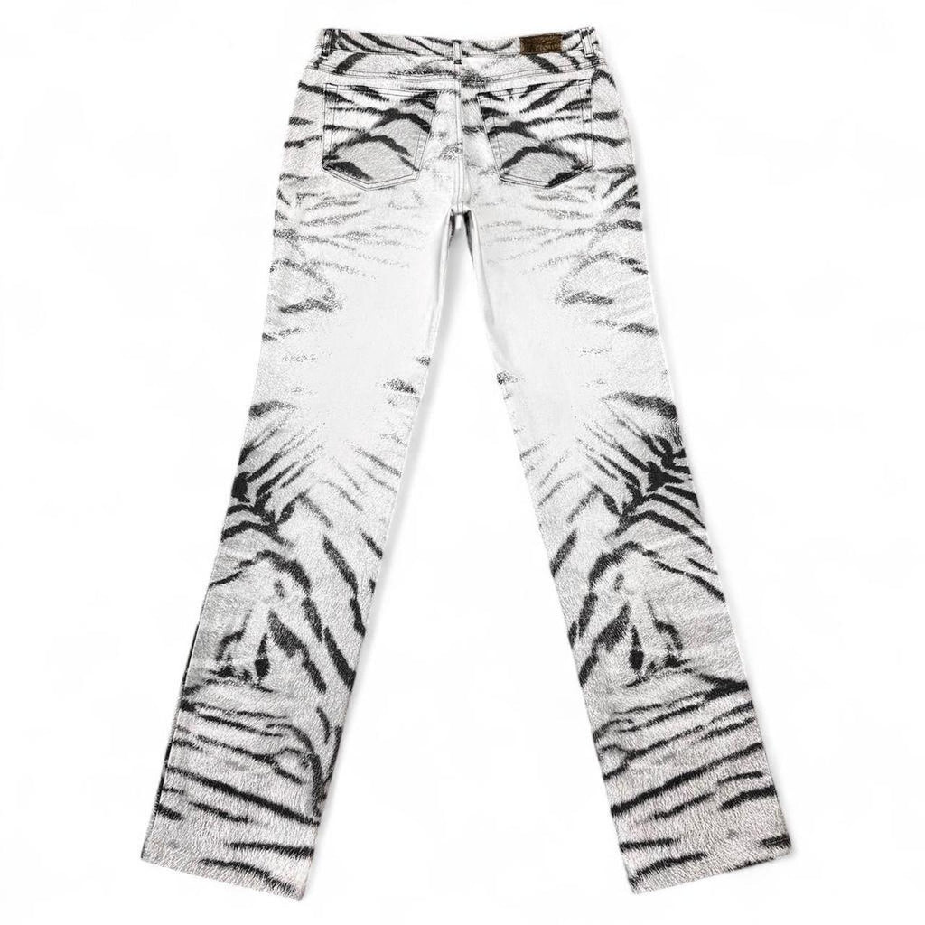 White pants with black abstract pattern on a white background