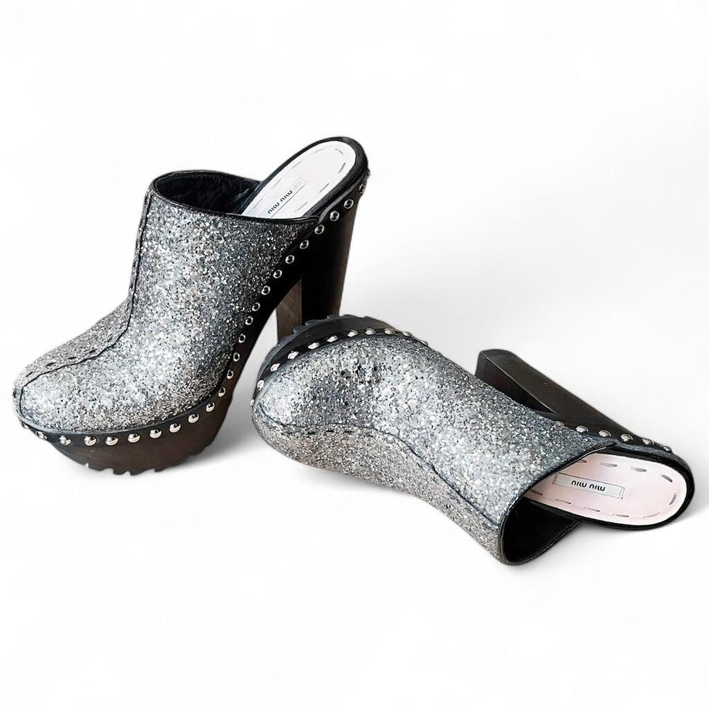 SS2010 Silver glitter studded platform mules (US 7)